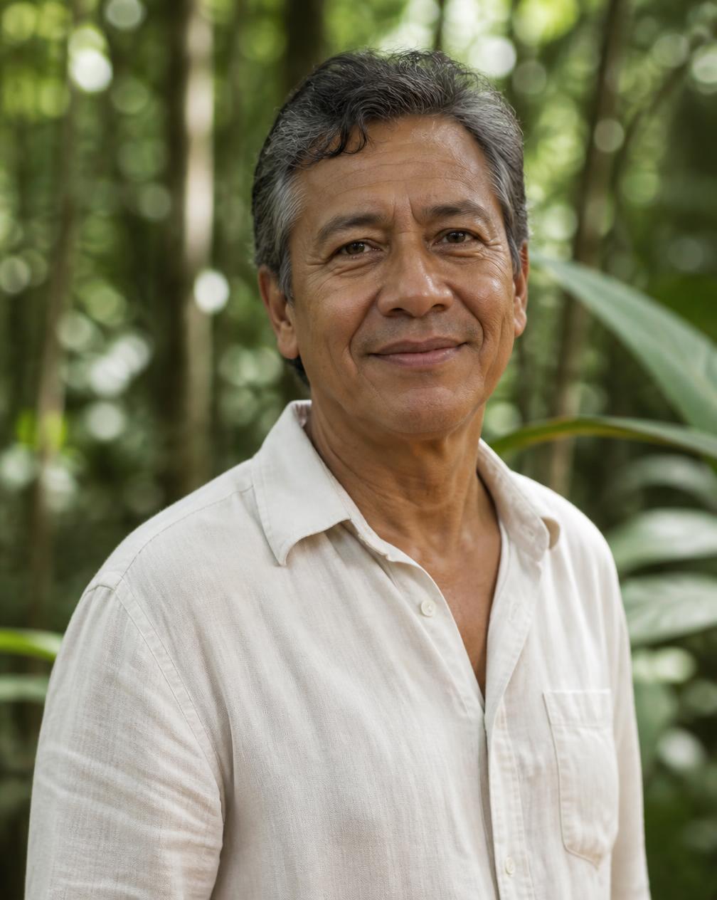 Retrato do curador do Ecomuseu Tarumã, homem amazônida de cabelos grisalhos e camisa de linho clara, em pé na floresta sob luz suave.