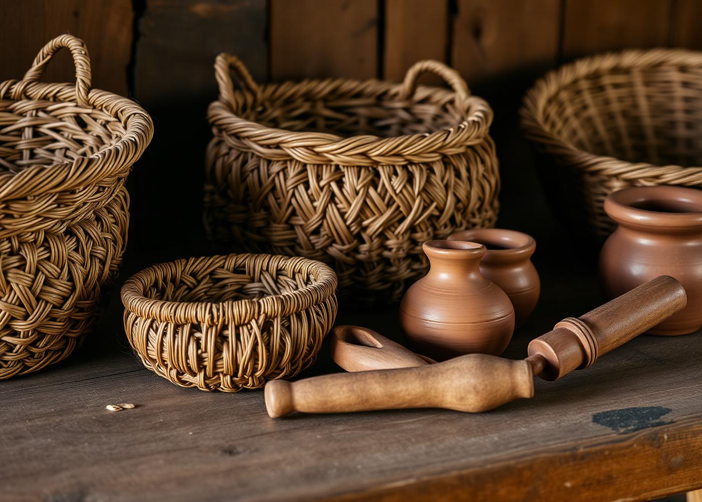 Cestos trançados em fibra vegetal, potes de cerâmica e utensílios de madeira sobre mesa rústica.