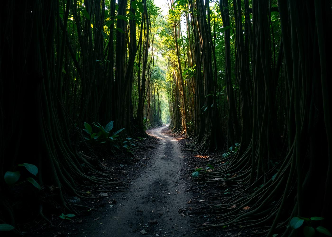 Trilha estreita de terra úmida atravessando a floresta amazônica densa, com raízes e cipós nas margens e luz filtrada pelo dossel.